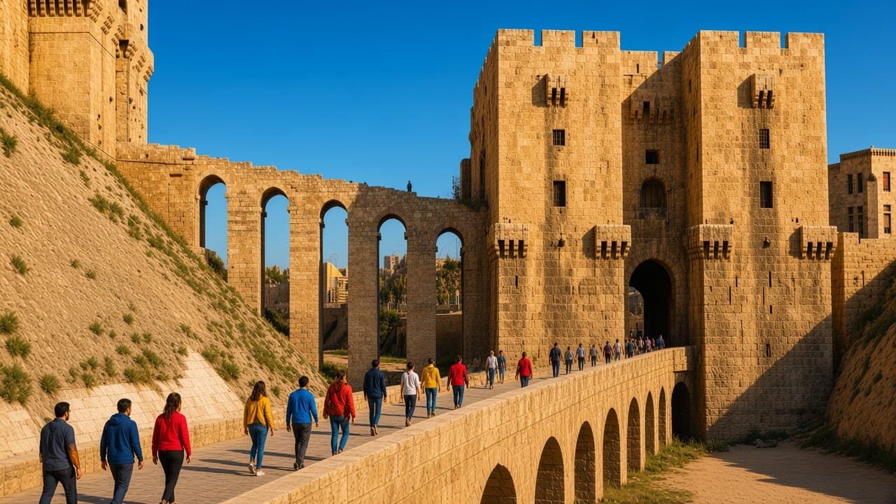 Visitors walking the arched bridge to the restored south gate of the Aleppo Citadel