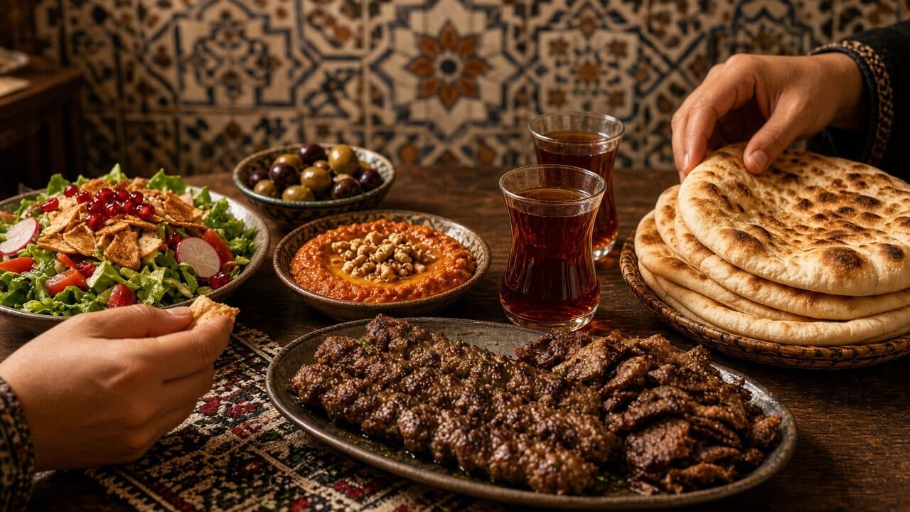 كباب وفتوش وشاي على طاولة في دمشق