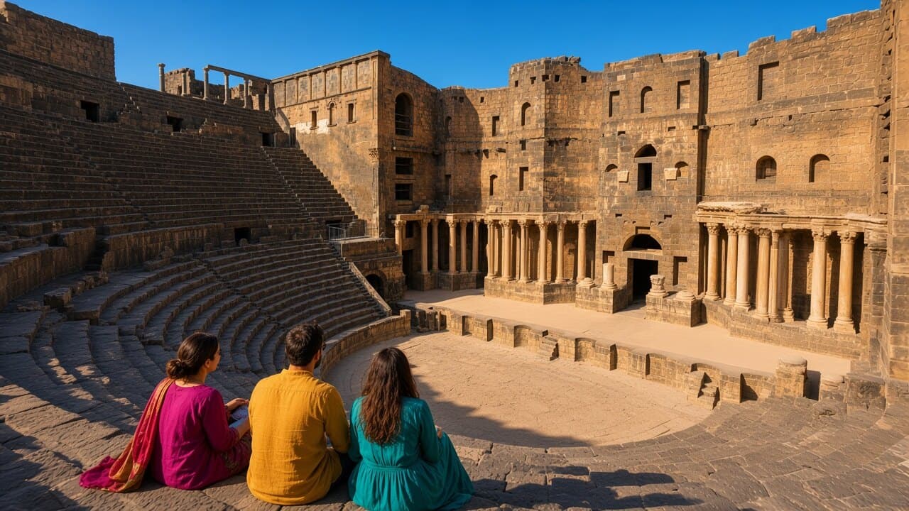 Visitors in the black basalt Roman theatre at Bosra, cream columns against the stage wall
