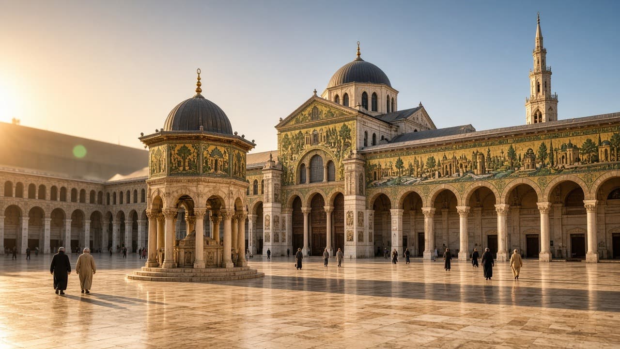 Courtyard of the Umayyad Mosque in old Damascus: the mosaic treasury on columns, the north arcade, and the Minaret of the Bride