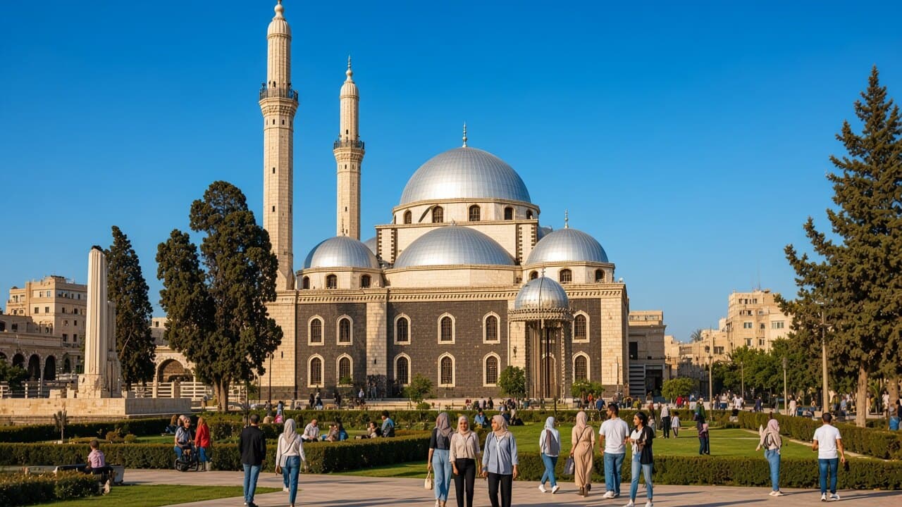 Khalid ibn al-Walid Mosque in Homs: silver domes, twin north minarets, and the city park