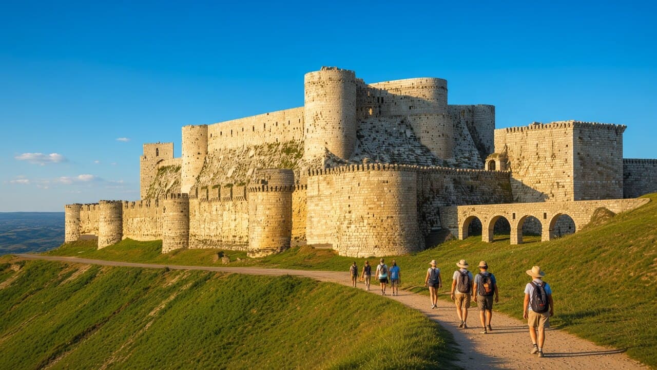 Krak des Chevaliers on its green ridge: pale limestone walls, sloped inner glacis, and visitors on the path