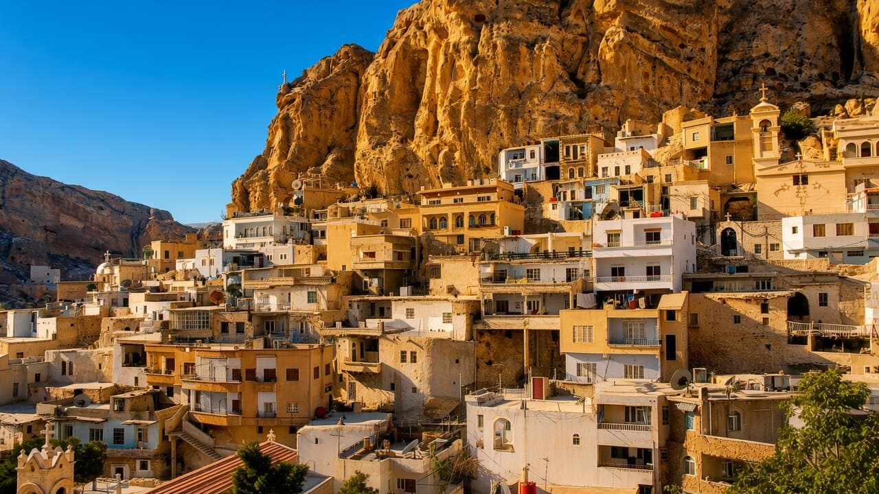 Houses of Maaloula stacked up the pale Qalamoun cliff, church towers and laundry on the terraces