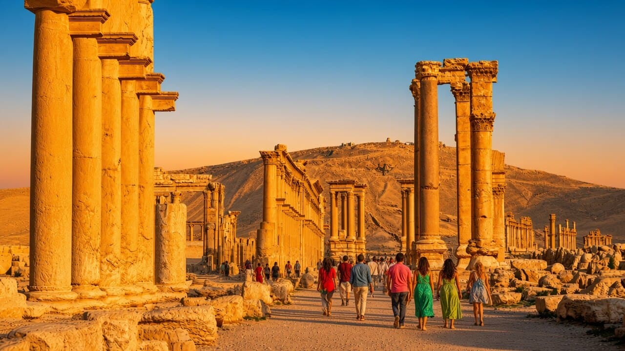 Visitors walking Palmyra’s Great Colonnade toward the desert hills