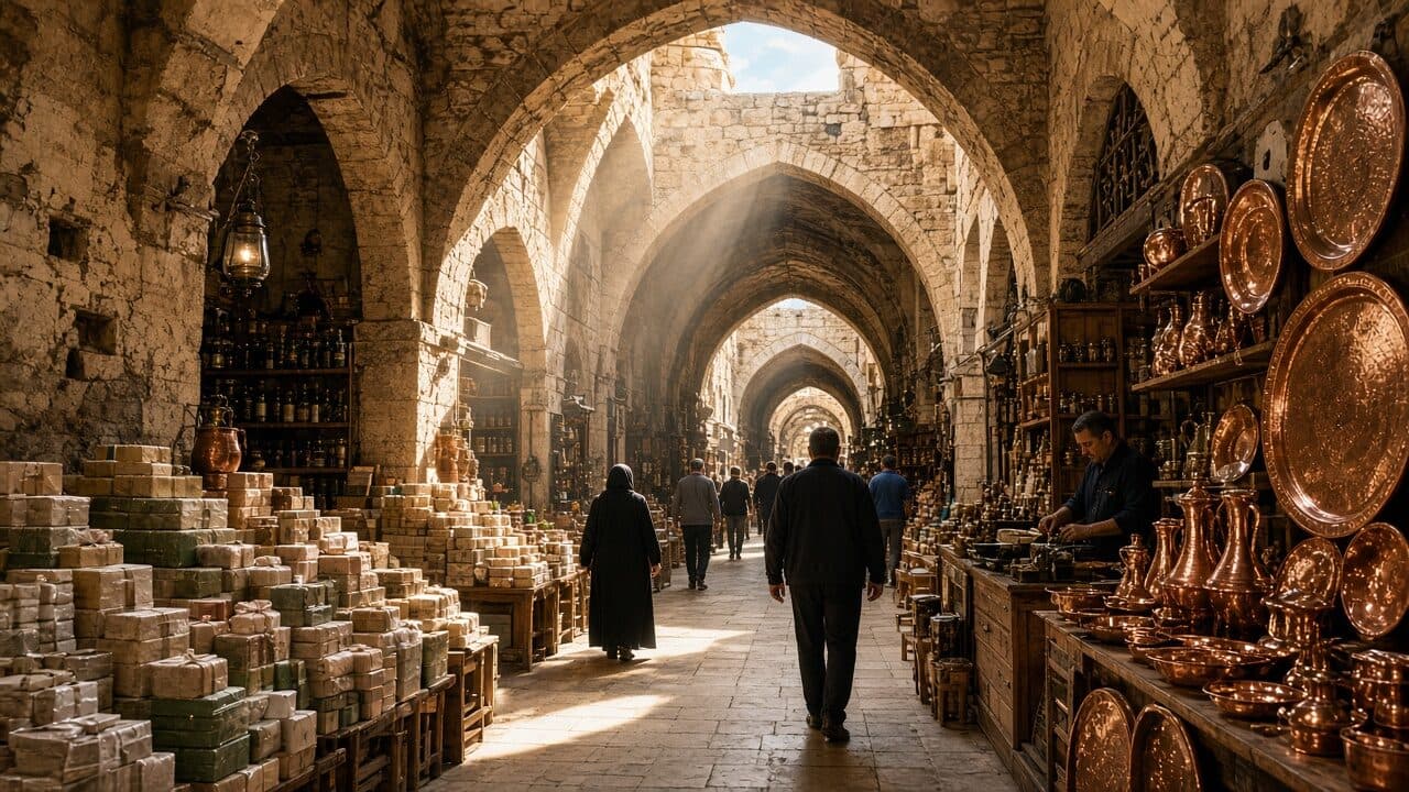 Vaulted lane of Souq al-Madina with soap and copper
