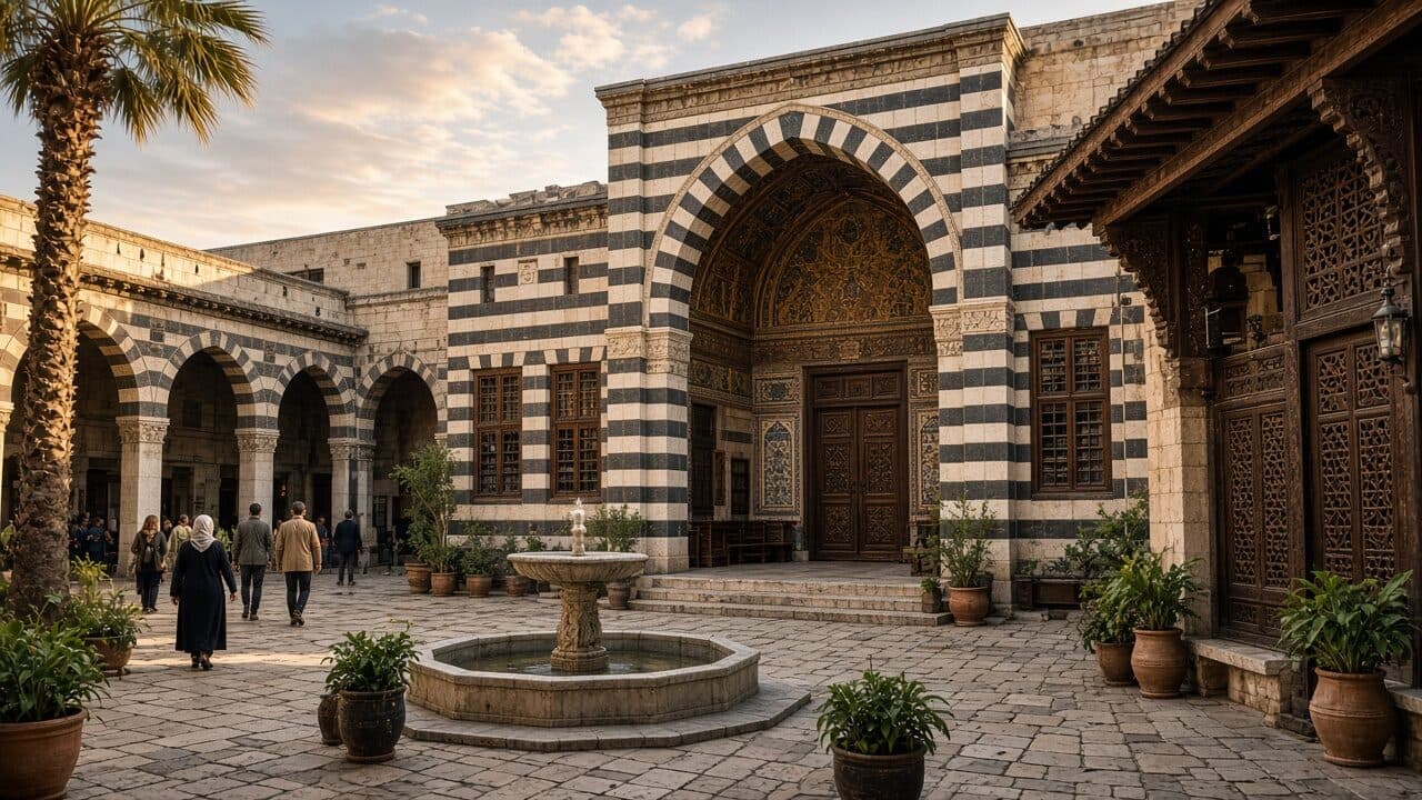 Ablaq courtyard and fountain of Azem Palace in Damascus