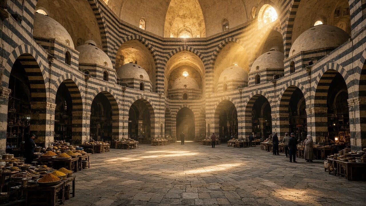 Domed striped hall of Khan As’ad Pasha on the spice souq