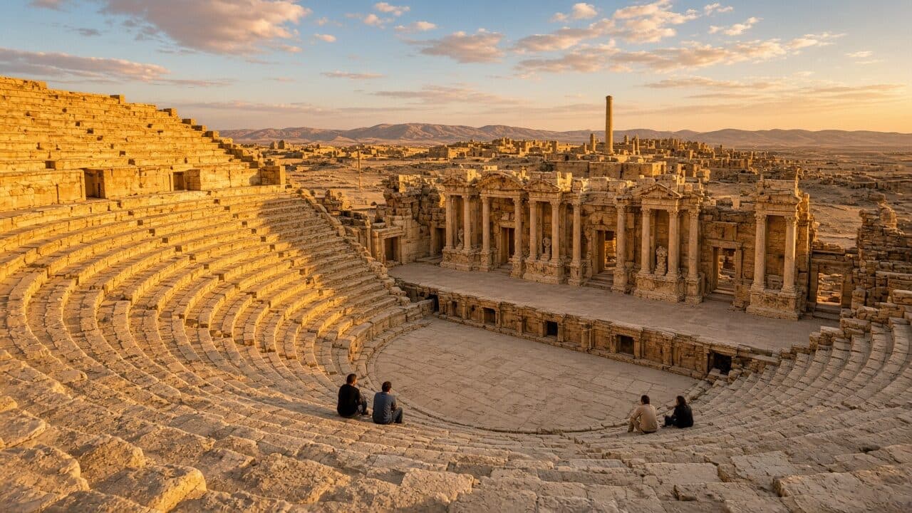 Visitors in the small Roman theatre at Palmyra