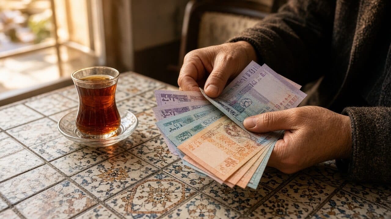 Bar-Pfund zählen mit Tee auf einem Café-Tisch