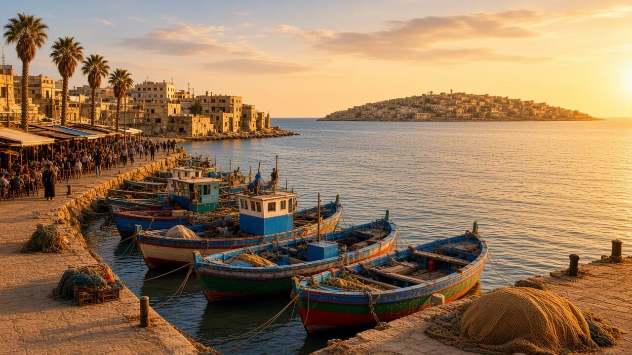 Fishing boats at the Tartus quay, Arwad island low on the horizon