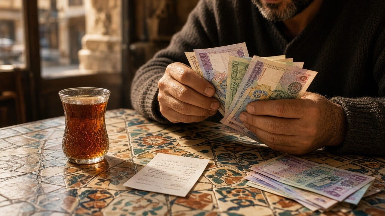 Counting cash pounds with tea on a tiled cafe table
