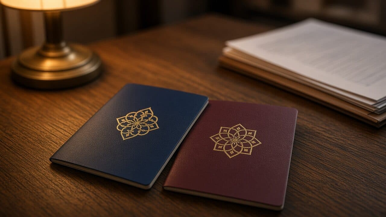 Two passports on a hotel table