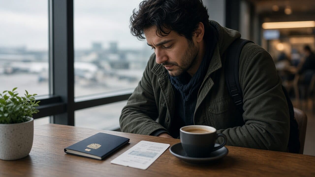 Passport and boarding slip at an airport cafe