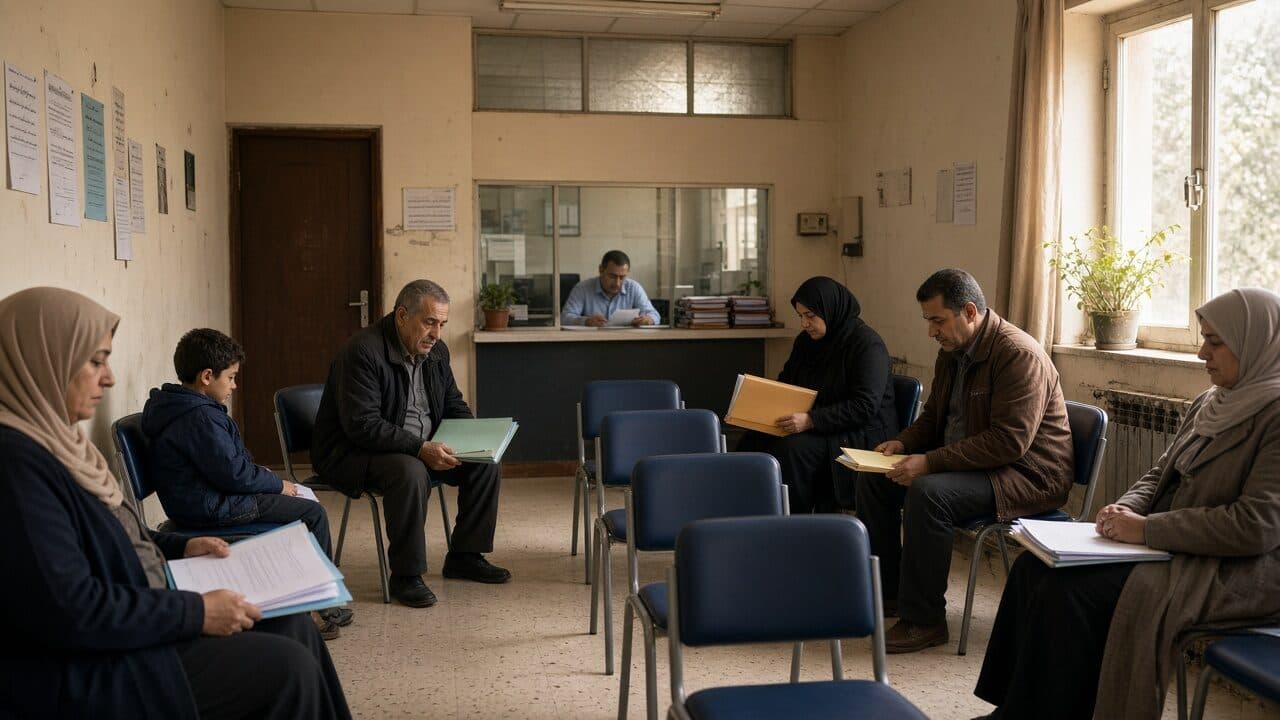 Waiting with folders at a modest immigration window
