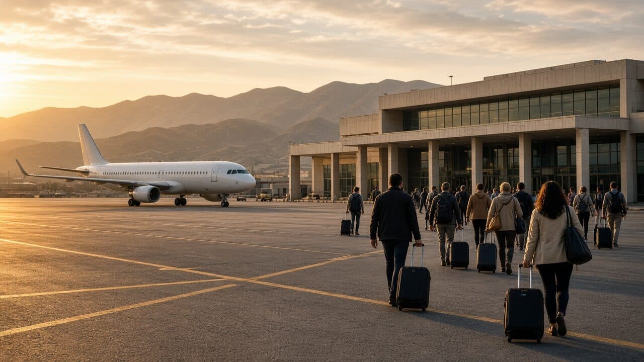 Passengers walking toward the terminal after a flight into Syria