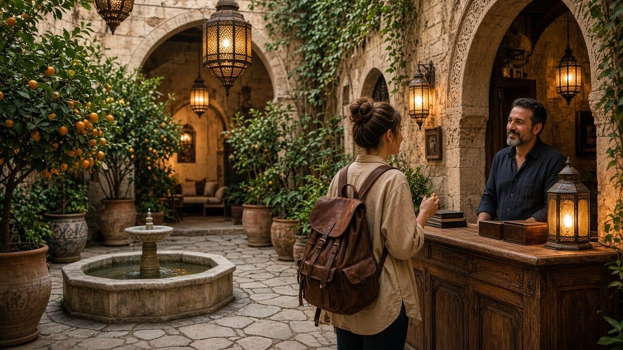 Traveler checking in at an old-city guesthouse courtyard