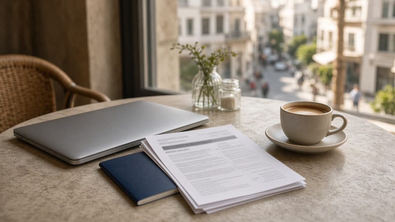 Travel papers, passport, and a laptop on a cafe table