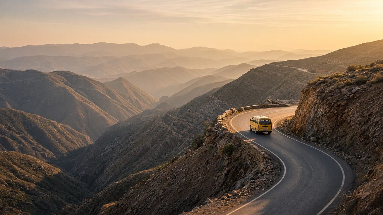 Shared taxi on the mountain road between Beirut and Damascus