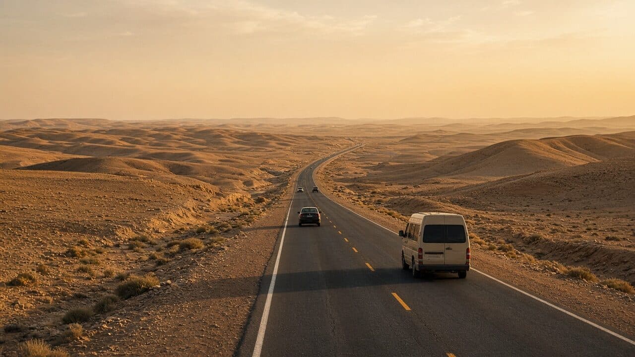 Shared taxi on the desert highway toward the Jordan–Syria crossing