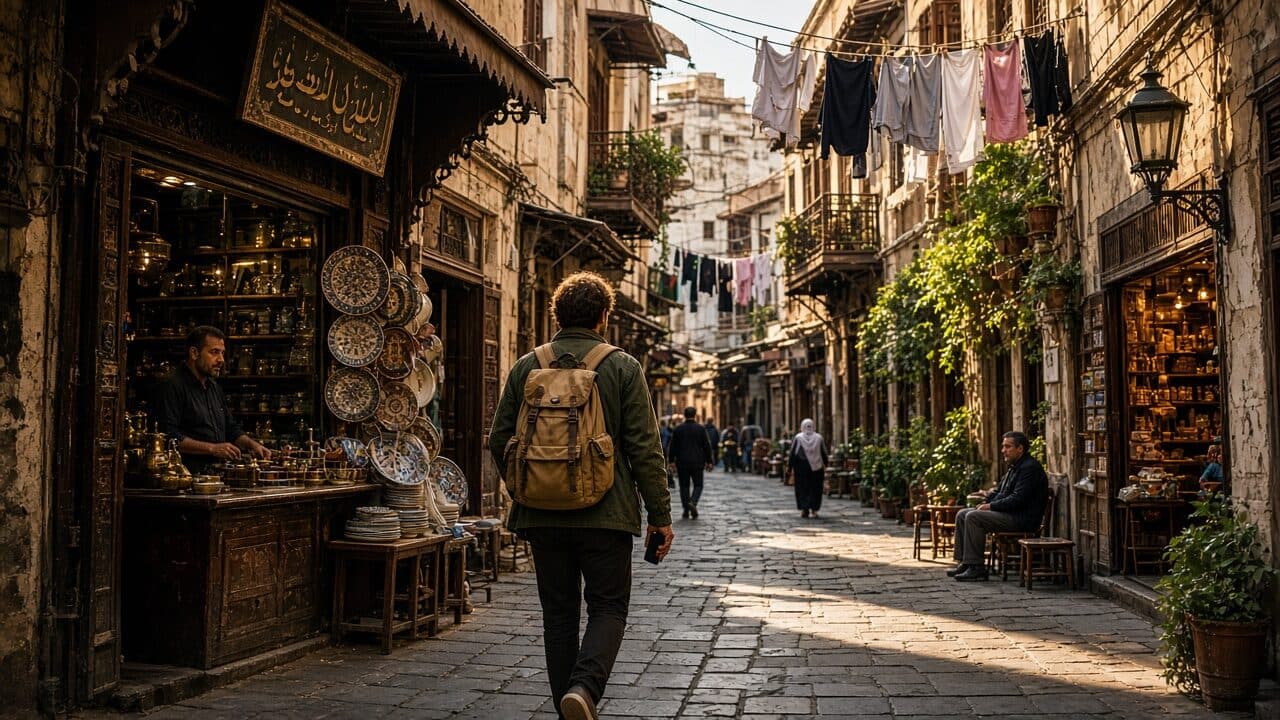 Independent traveler walking an old-Damascus lane alone
