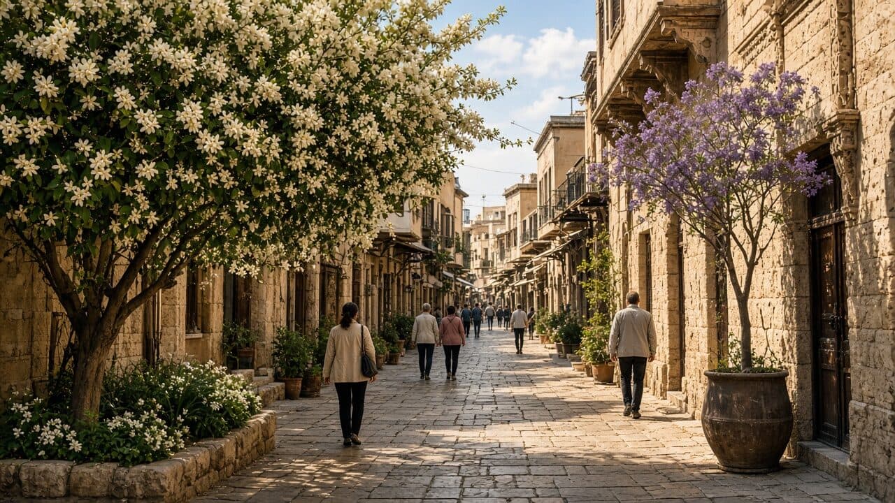 Spring walking weather in an old Levantine street