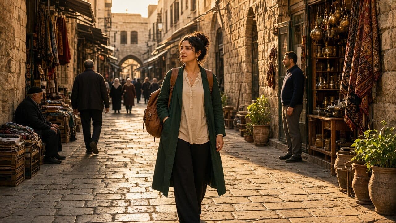 Woman walking alone through a sunlit old-city lane