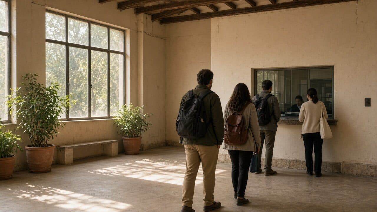 Travelers in a short queue at a land-border window