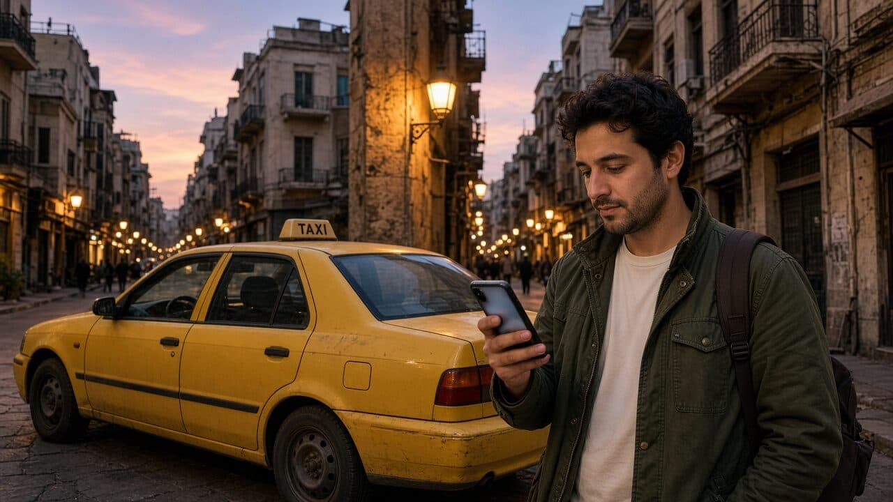 Traveler calling a yellow taxi on a Damascus street