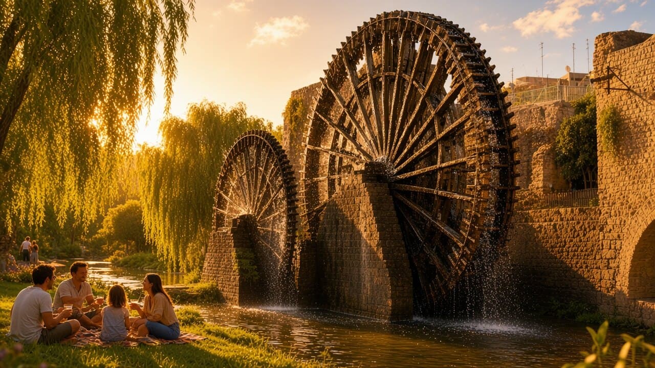 Giant wooden norias on the Orontes in Hama, families sitting by the water