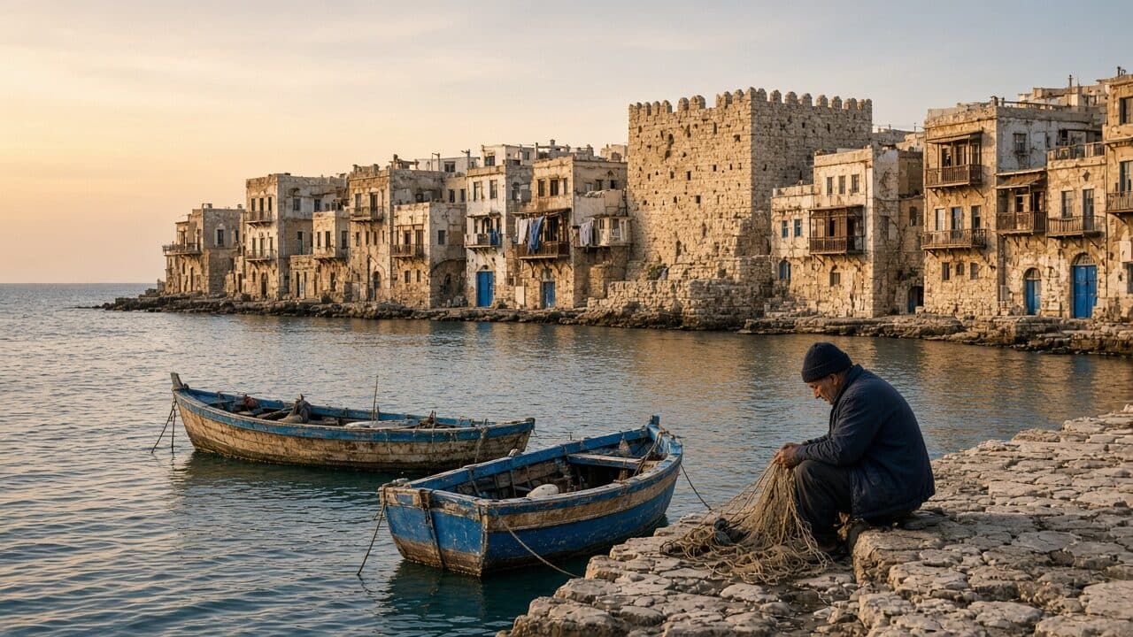 Fishing harbour and low houses of Arwad island
