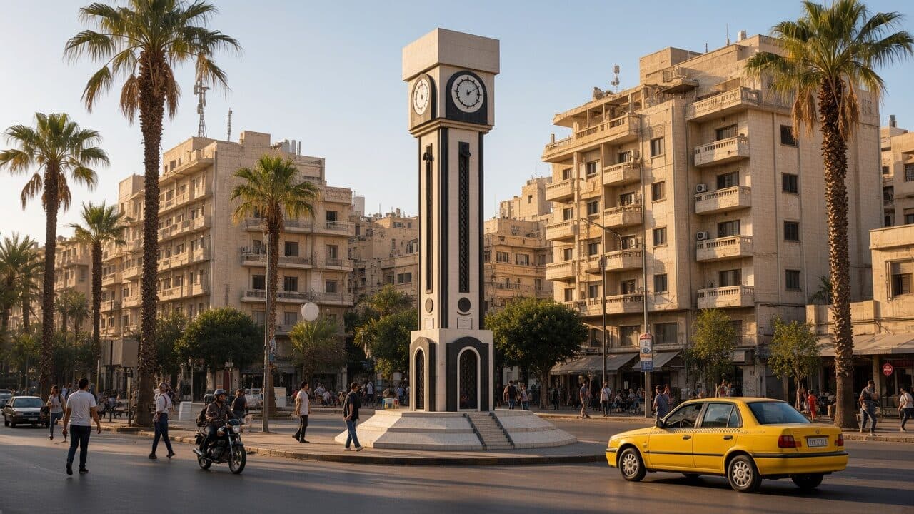 Clock tower and evening square in Homs