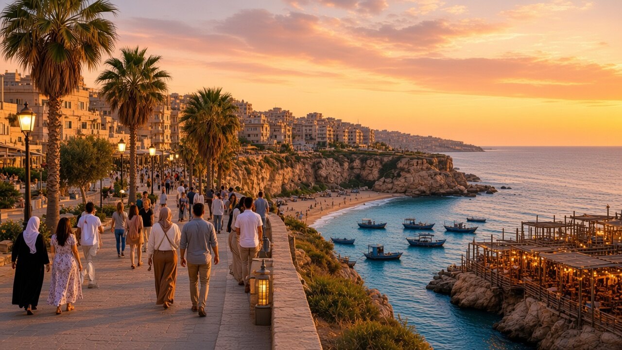 Latakia’s southern corniche at sunset: promenade, fishing boats, and the Mediterranean